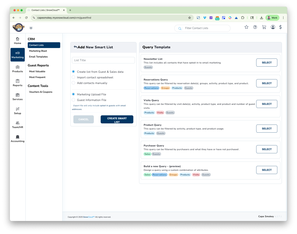 SnowCloud CRM's easy smart list builder.